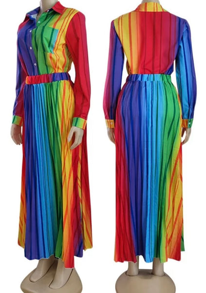 Women Fashion Full Sleeve Button Up Rainbow Striped Two Piece Maxi Skirt Set