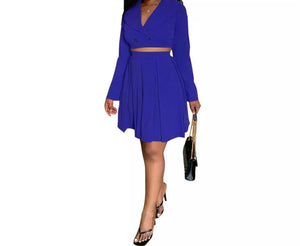 Women Solid Color Two Piece Crop Blazer Pleated Skirt Set