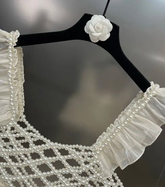 Women Ruffled Sleeveless Pearl Fashion Crop Top