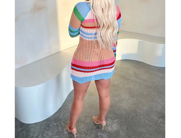 Women Multicolored Striped Full Sleeve Knitted Dress