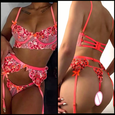 Women Floral Mesh Sexy Three Piece Lingerie Set