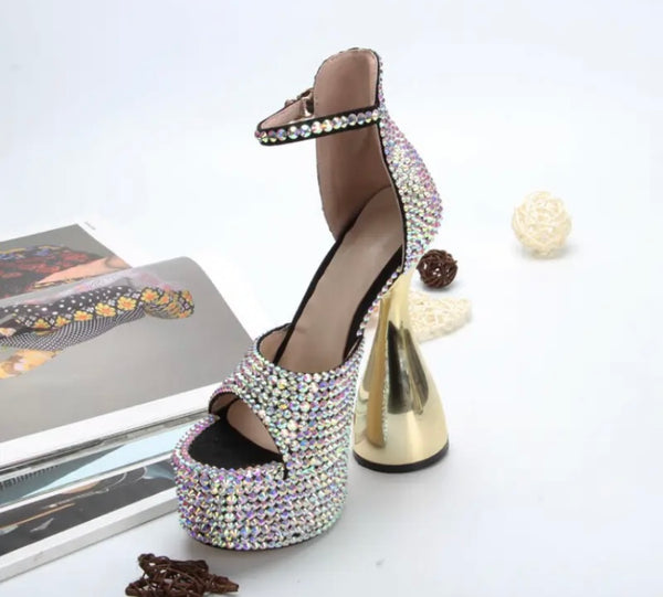 Women Platform Rhinestone Gold High Heel Sandals