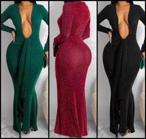 Women Sexy Deep V-Neck Full Sleeve Maxi Dress