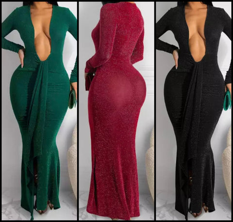 Women Sexy Deep V-Neck Full Sleeve Maxi Dress
