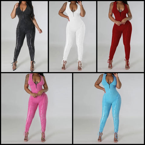 Women Fashion Sleeveless Lace Up Ribbed Jumpsuit