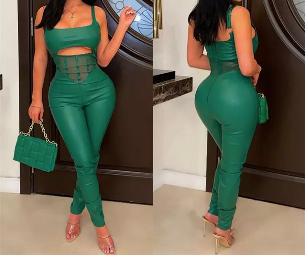 Women Sexy Sleeveless PU Fashion Jumpsuit