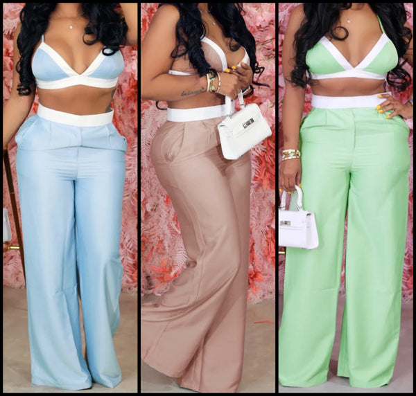 Women Sexy Sleeveless Color Patchwork Two Piece Pant Set