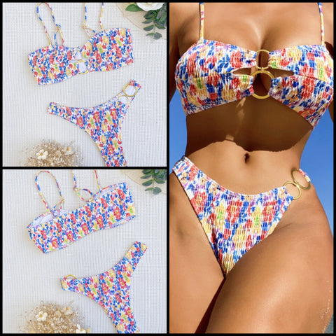 Women Sexy Tie Dye Metal Ring Bikini