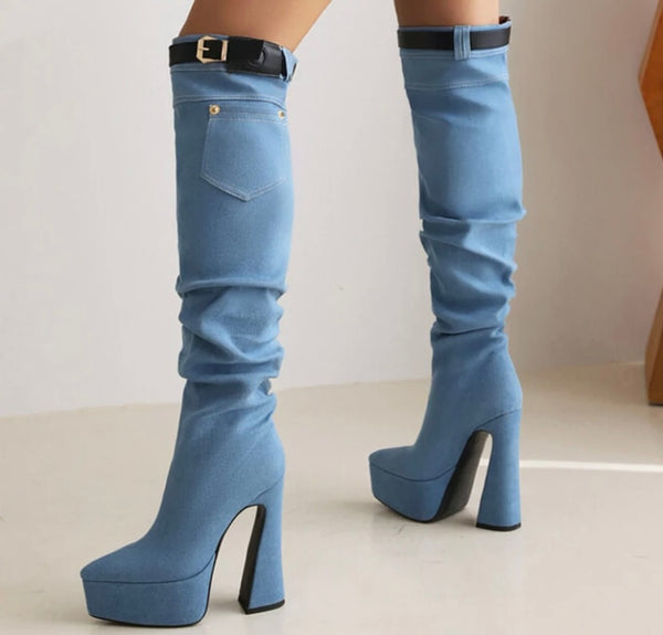 Women Fashion Buckled Denim Platform Pocket Knee High Boots