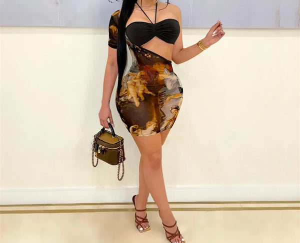 Women Sexy Halter One Shoulder Printed Two Piece Dress