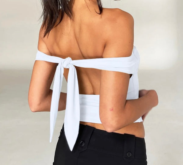 Women Sexy Off The Shoulder Tie Up Open Back Crop Top