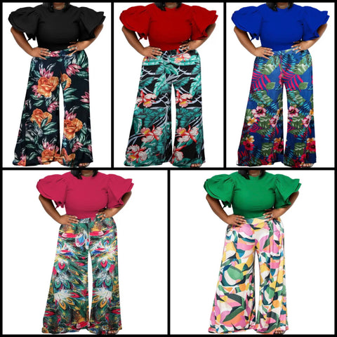 Women Fashion Ruffled Short Sleeve Two Piece Printed Pant Set