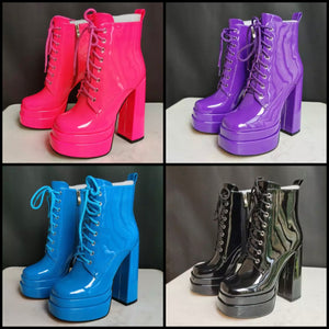 Women Patent Leather Lace Up Platform Ankle Boots