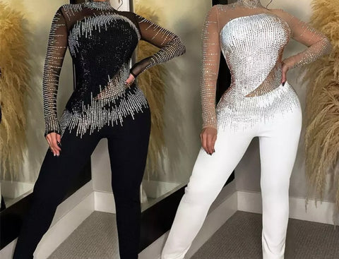 Women Sexy Full Sleeve Bling Mesh Patchwork Fashion Jumpsuit
