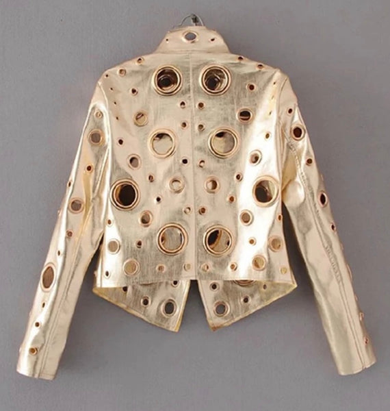 Women Leather Fashion Metallic Hollow Out Jacket