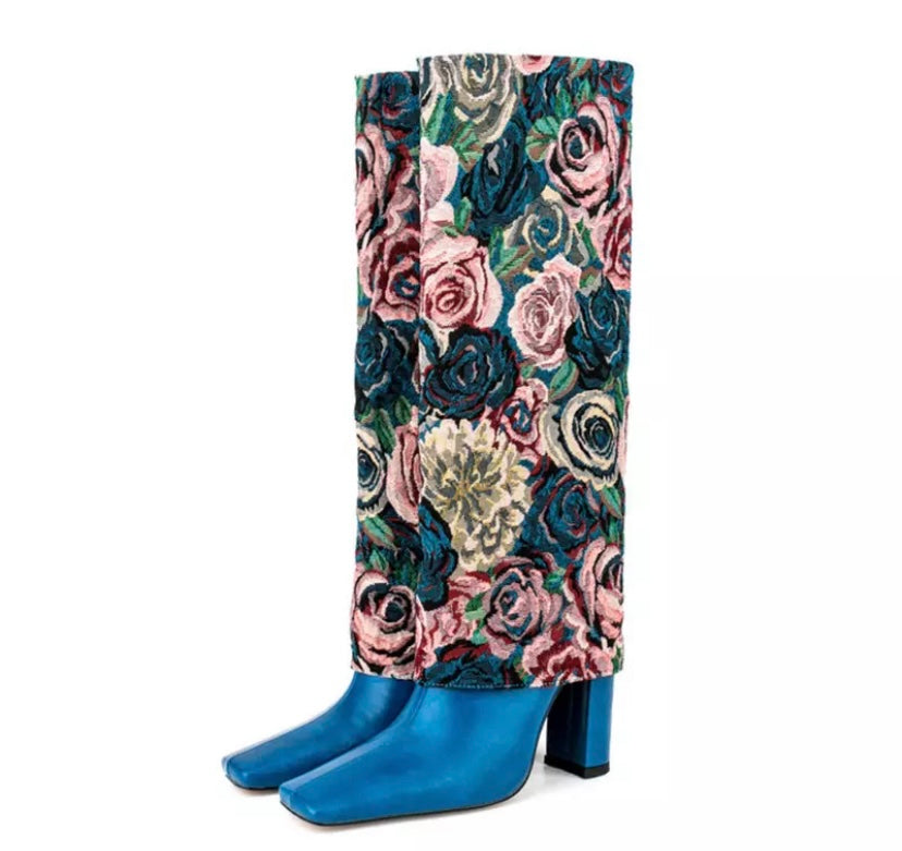 Women Fashion Floral Square Toe Knee High Boots