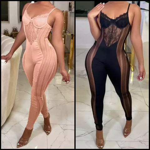 Women Sexy Sleeveless Lace Mesh Patchwork Jumpsuit