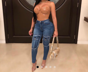 Women Fashion Pocket Denim Skinny Pants