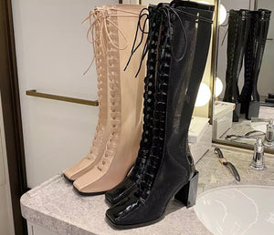 Women Fashion Patent Leather Mesh Lace Up Boots