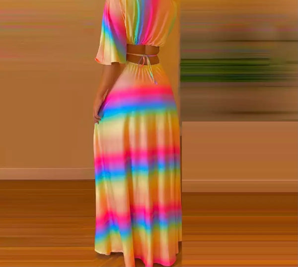 Women Rainbow Striped Open Back Maxi Dress