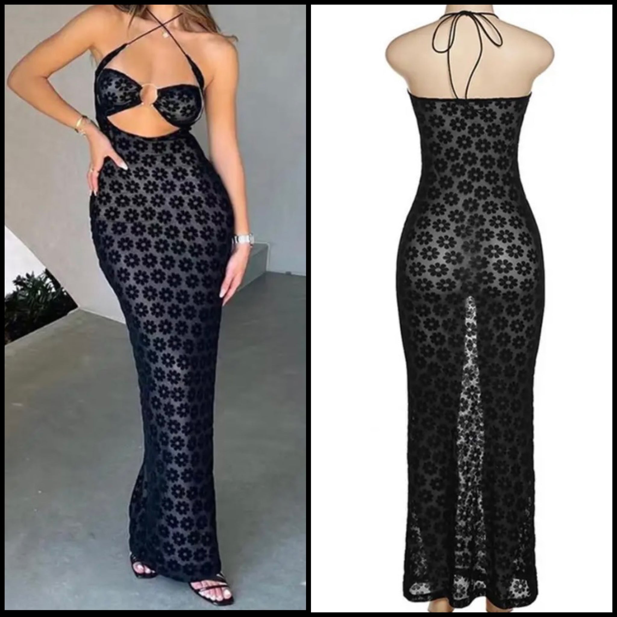Women Sexy Sleeveless Cut Out Mesh Floral Maxi Dress