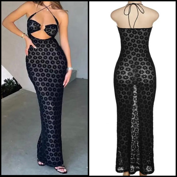 Women Sexy Sleeveless Cut Out Mesh Floral Maxi Dress