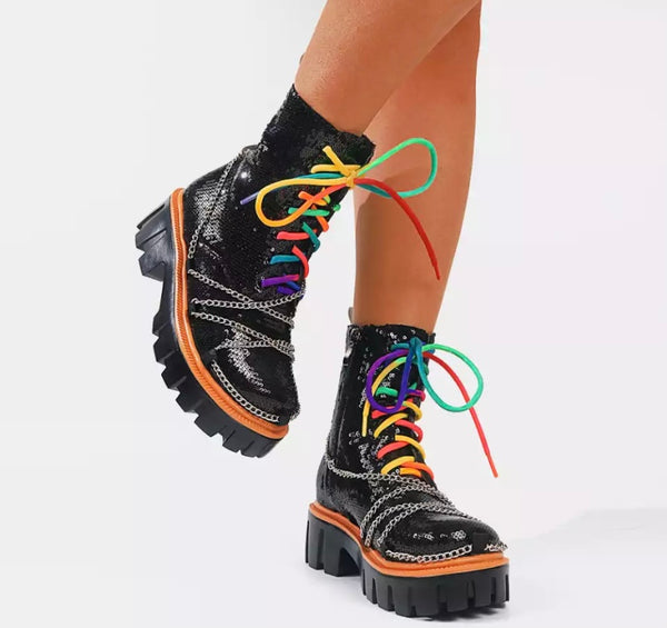 Women Sequins Rainbow Chain Fashion Ankle Boots