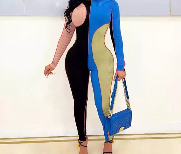 Women Fashion Color Patchwork Ribbed Long Sleeve Jumpsuit