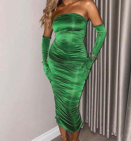 Women Sexy Strapless Ruched Glove Dress