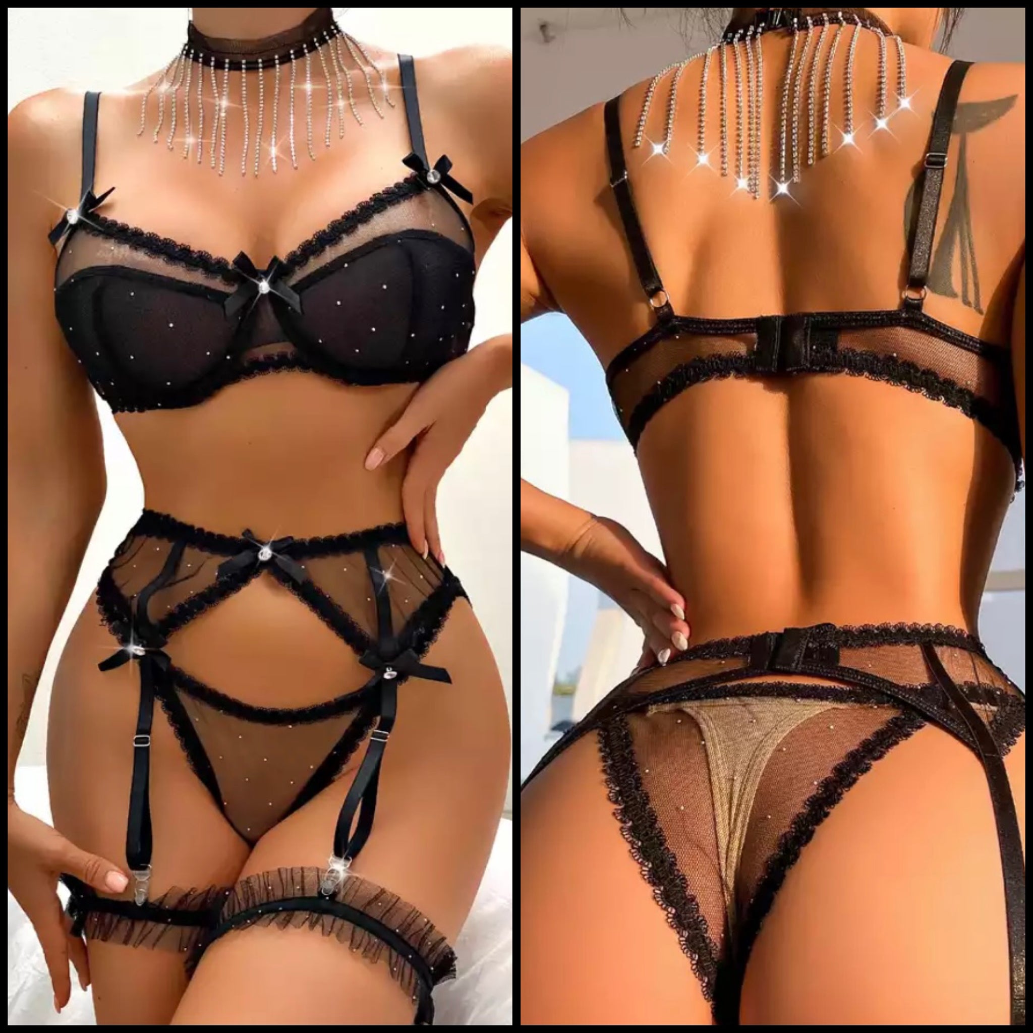 Women Black Mesh Sexy Rhinestone Choker Lingerie Set