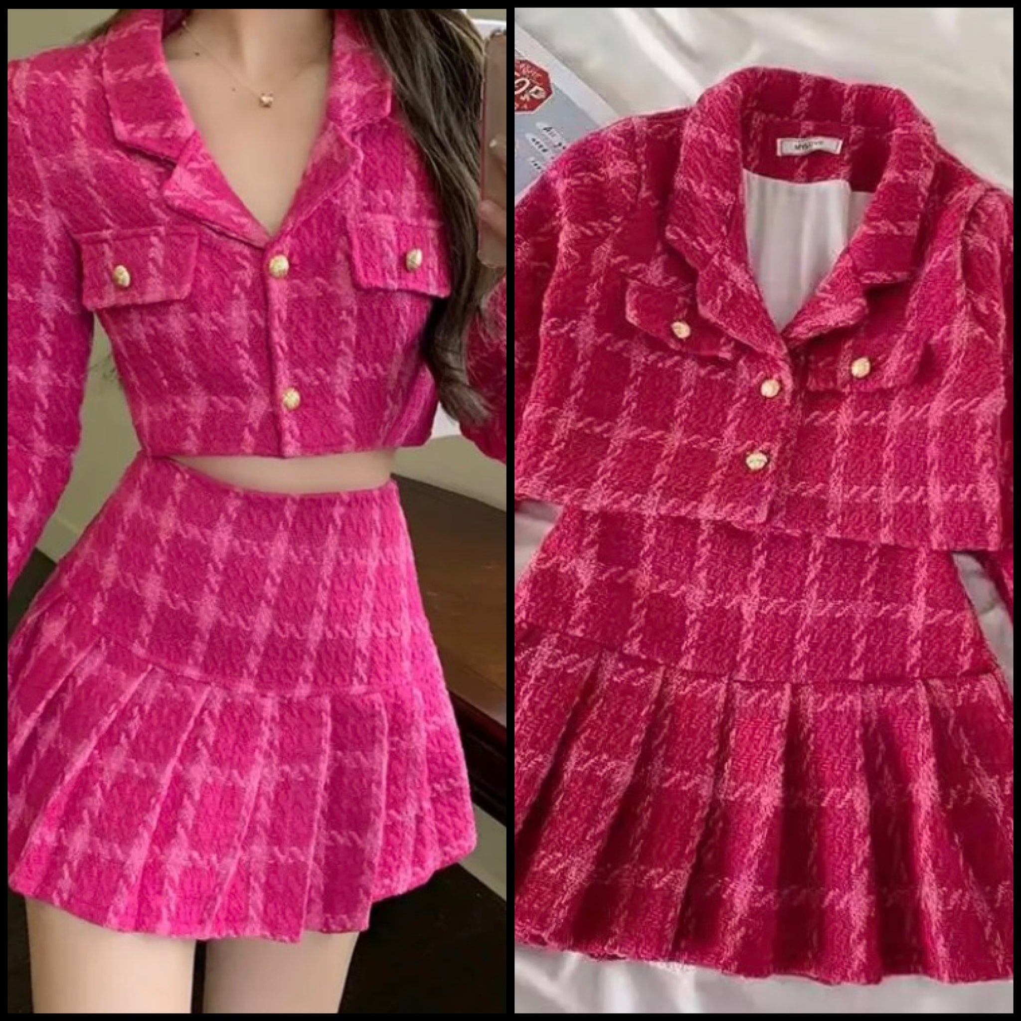 Women Sexy Pink Button Up Blazer Two Piece Skirt Set