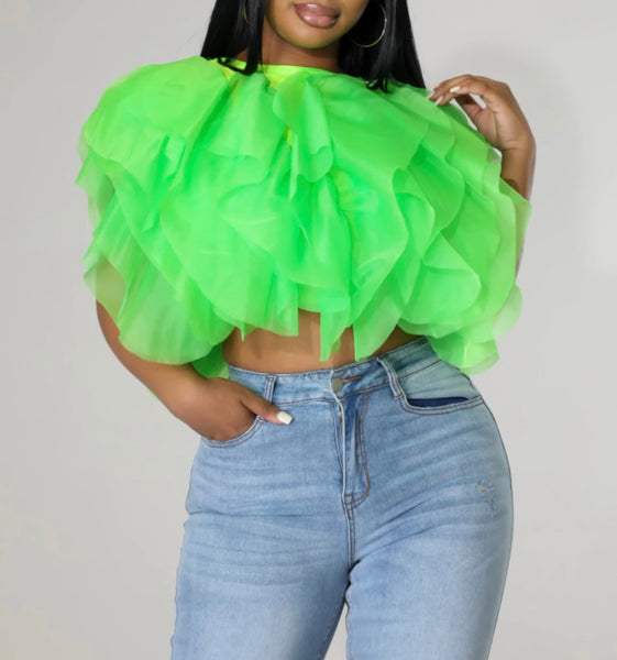 Women Sexy Solid Color Mesh Ruffled Crop Top