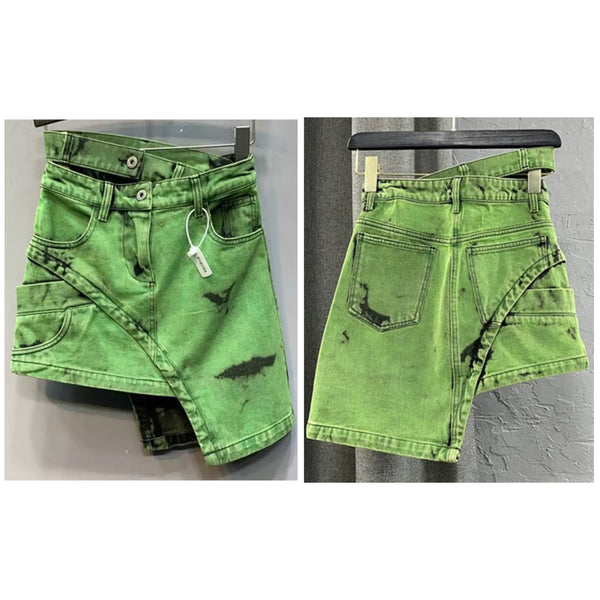 Women Fashion Asymmetrical Green Denim Skirt