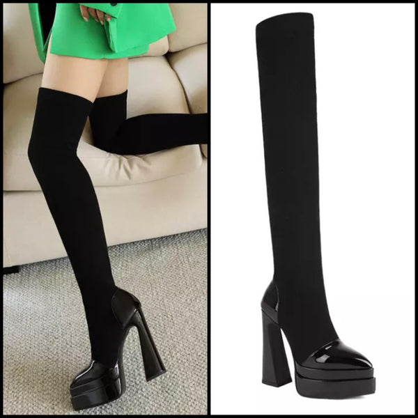 Women Fashion Black Stretch PU Over The Knee Boots