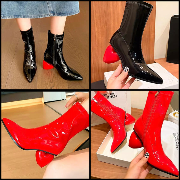 Women Fashion Patent Leather Heart Heel Ankle Boots