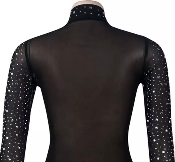 Women Sexy Mesh Bling Long Sleeve Bodysuit Top