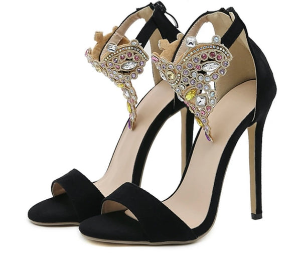Women Black Rhinestone Ankle Strap Sandals