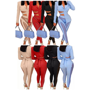 Women Sexy Cut Out Blazer Mesh Patchwork Two Piece Pant Set