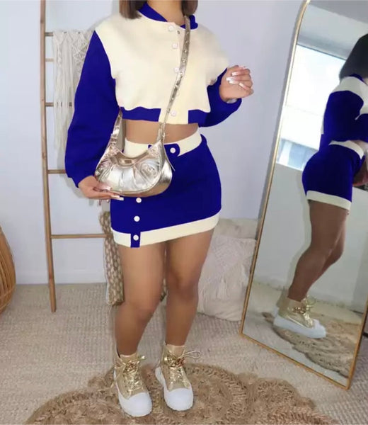 Women Button Up Varsity Two Piece Fashion Skirt Set