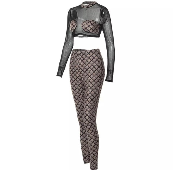 Women Printed Mesh Patchwork Sexy Two Piece Pant Set