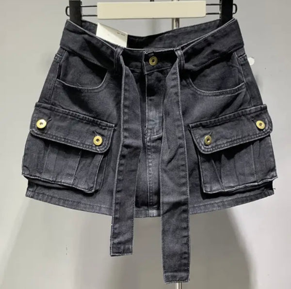 Women Fashion Belted Pocket Mini Skirt