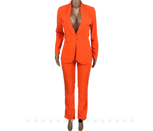 Women Sexy Solid Color Blazer Two Piece Pant Set