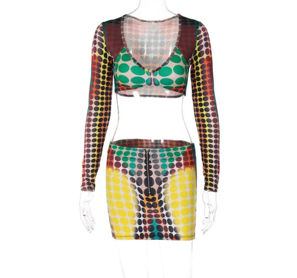 Women Sexy Multicolored Print Full Sleeve Crop Two Piece Skirt Set