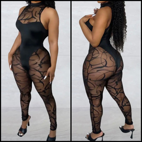 Women Black Sexy Sleeveless Mesh Patchwork Jumpsuit
