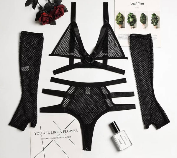 Women Sexy Black Mesh Glove Lingerie Set