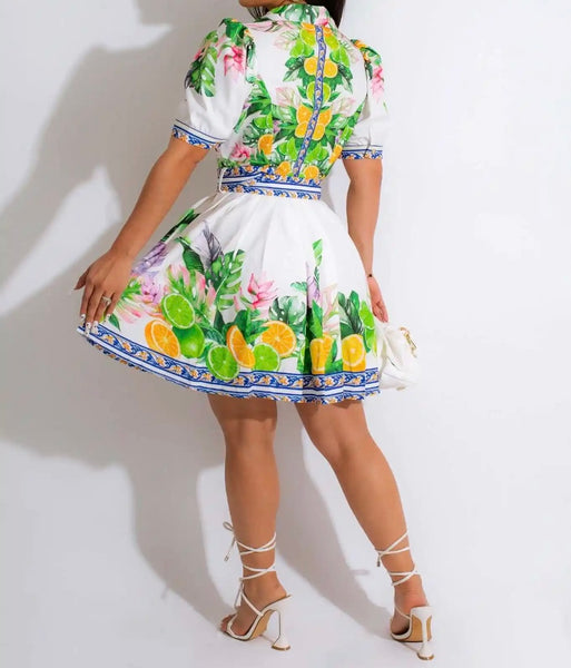 Women Sexy Multicolored Print Short Sleeve Pleated Dress