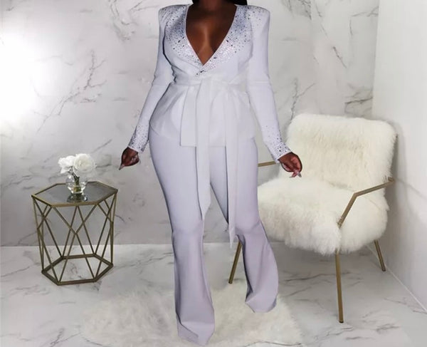 Women Sexy Belted Bling Blazer Two Piece Pant Set