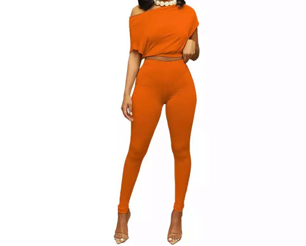 Women Solid Color Short Sleeve Crop Two Piece Pant Set