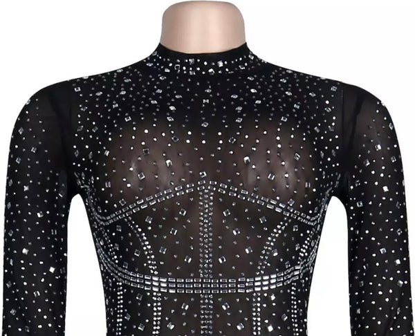 Women Sexy Mesh Bling Long Sleeve Bodysuit Top