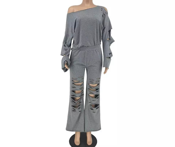 Women Fashion Full Sleeve Ripped Off The Shoulder Two Piece Pant Set